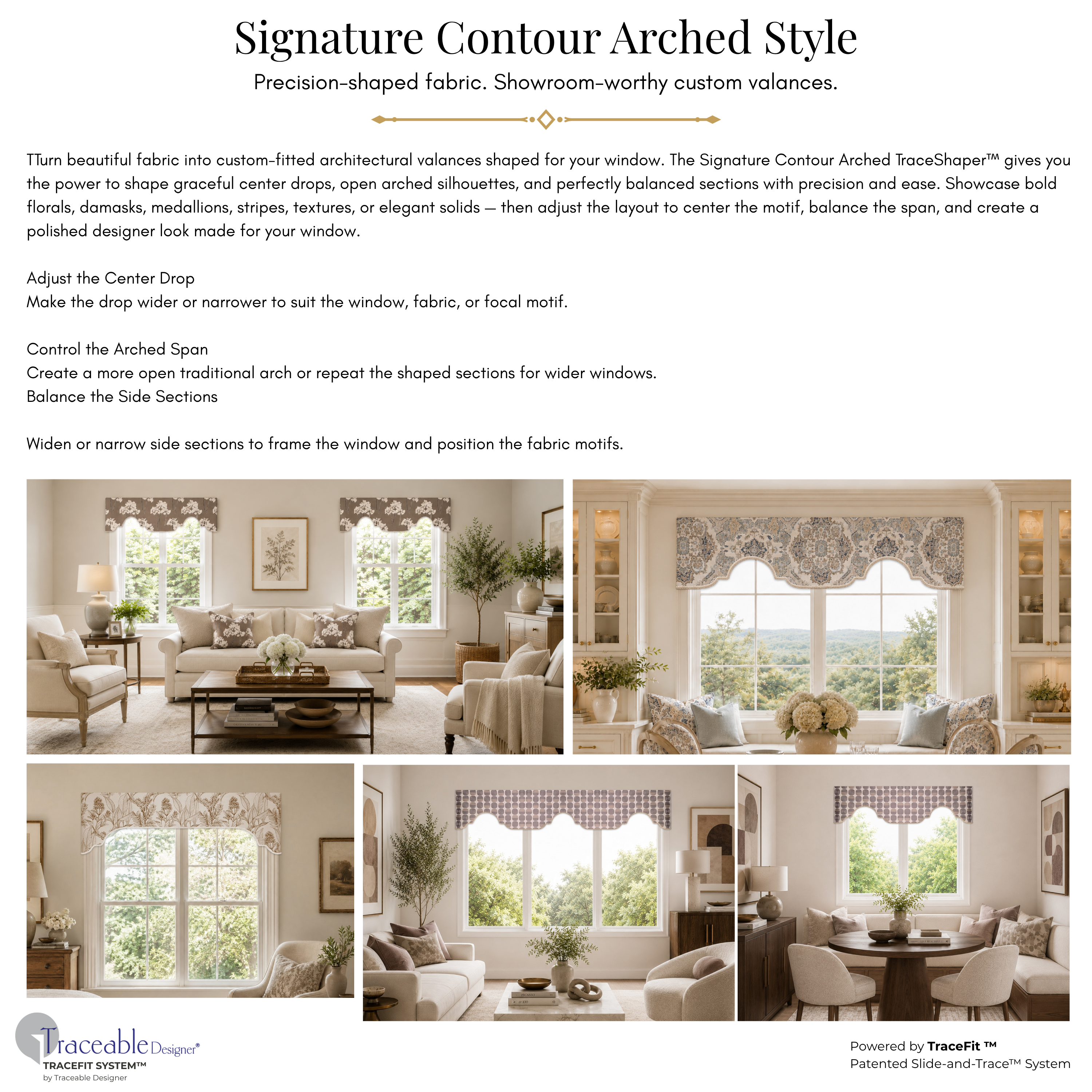 Signature Contour Arched TraceShaper™ style page showing a graceful arched no-sew window valance with soft contour shaping and cornice-inspired fabric structure.