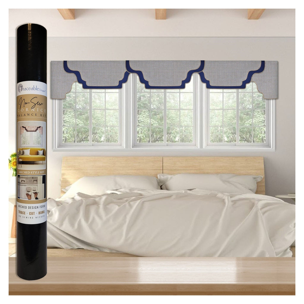 Traceable Designer arched style no-sew cornice valance valance kit. Patented traceable form for precision shaping without sewing. Traceable design forms are the perfect sewing alternative for DIY projects. Use a standard curtain rod. Fit all window sizes.
