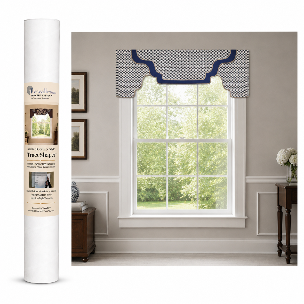 Arched Cornice Style TraceShaper™ kit shown with packaging tube and finished arched cornice-style valance displayed above a window. DIY no-sew cornice valance kit for creating a custom-fitted window treatment using your own fabric.