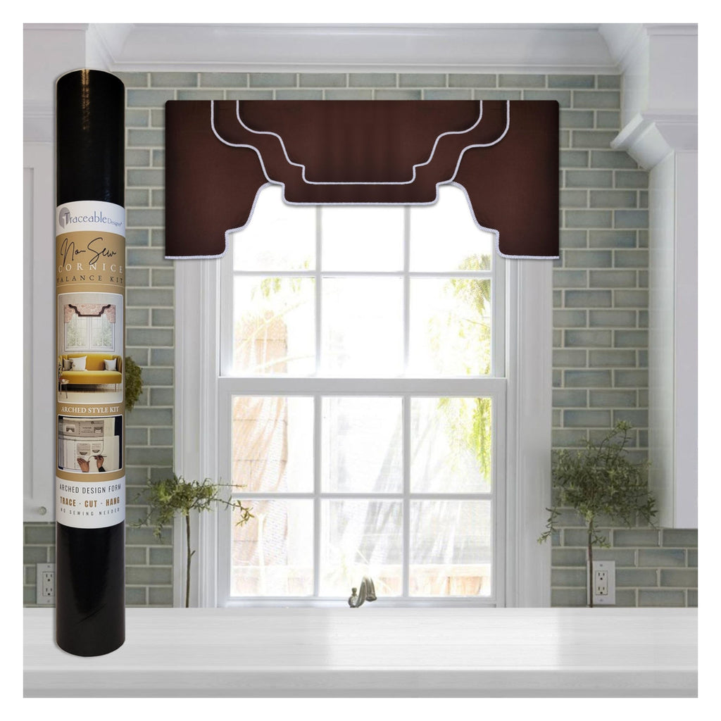 Traceable Designer arched style no-sew cornice valance valance kit. Patented traceable form for precision shaping without sewing. Traceable design forms are the perfect sewing alternative for DIY projects. Use a standard curtain rod. Fit all window sizes.
