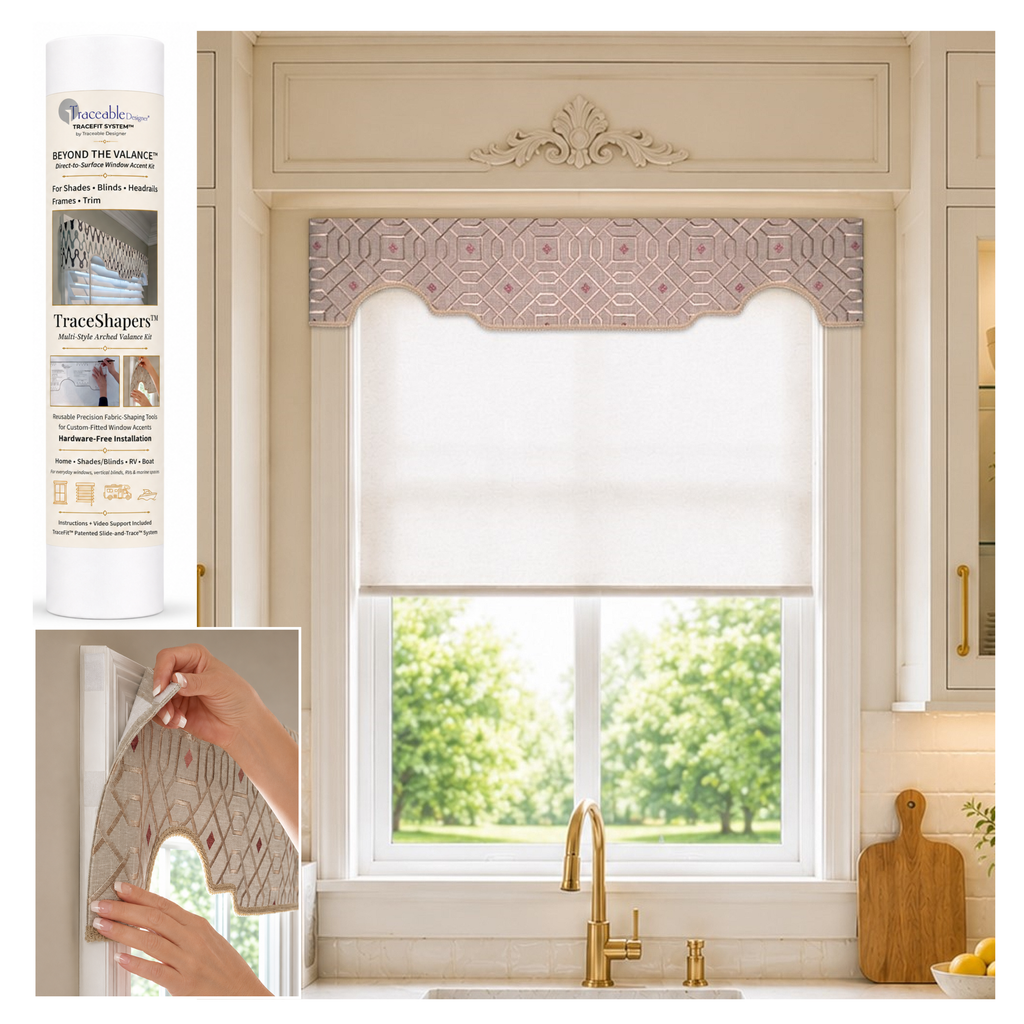 Traceable Designer Beyond the Valance Arched Window Accent Overlay kit with custom-fitted fabric valance installed over a roller shade using the TraceShaper reusable fabric-shaping system.”