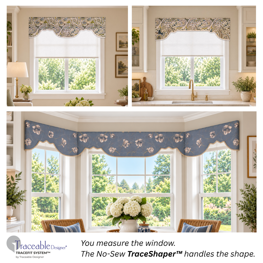 Classic Scalloped TraceShaper showing two no-sew valance styling options with repeating scallops or an open straight center span works for bay windows