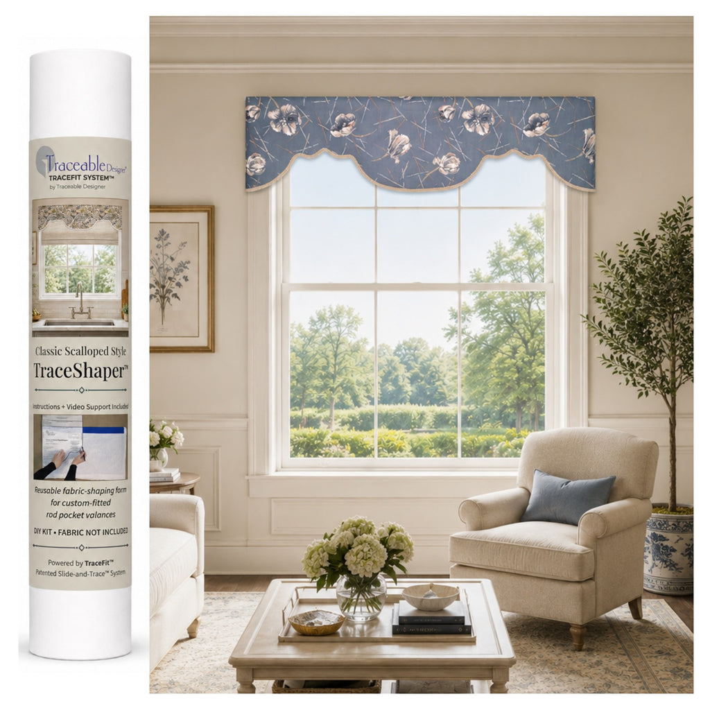 Classic Scalloped no-sew valance made with the reusable Traceable Designer TraceShaper fabric shaping form