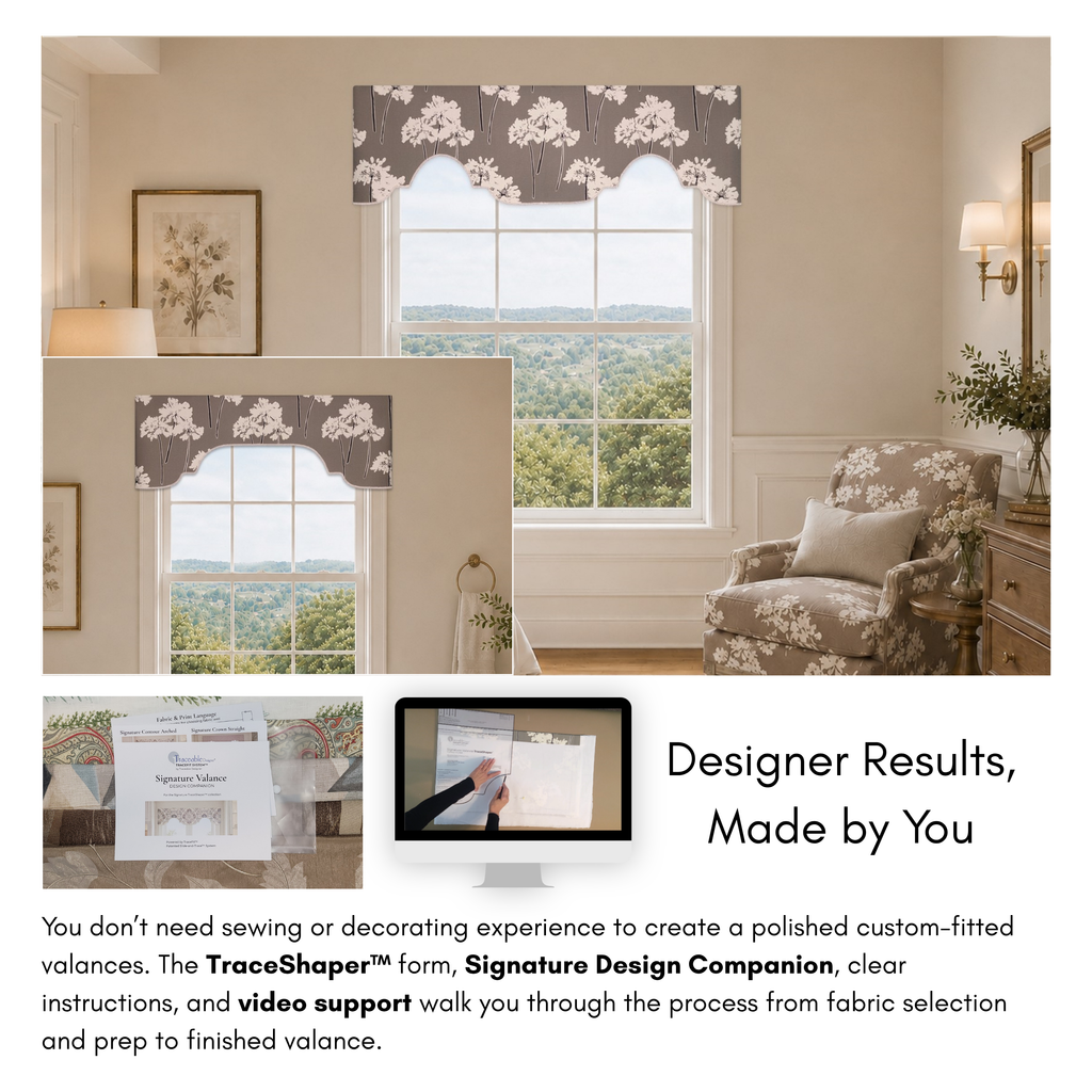 Signature Elegant TraceShaper™ no-sew valance support page showing finished arched valance room examples, kit materials, video guidance, and the message “Designer Results, Made by You.”