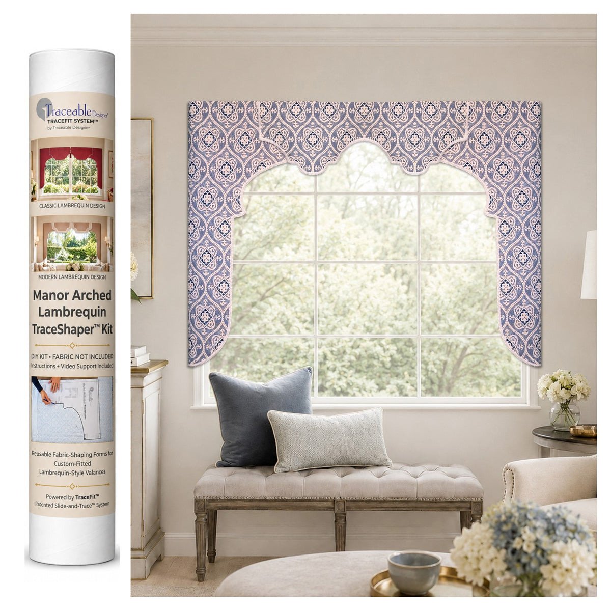 Manor Arched Lambrequin no-sew window valance kit by Traceable Designer featuring Classic and Modern custom fabric window treatment styles.
