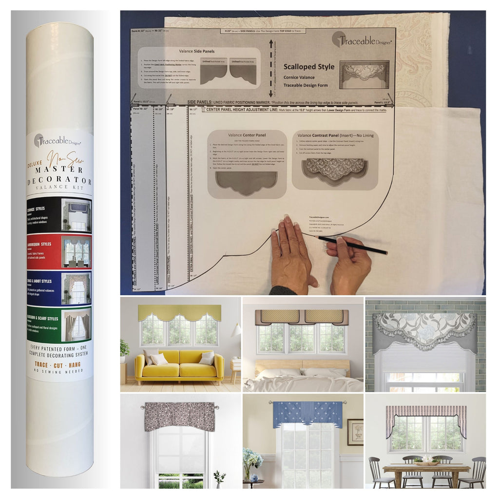 Traceable Designer Deluxe no-sew valance kit. Patented window valance system. Make custom cornices, lambrequins, pleated swags, short curtains, and scarf valance styles without sewing. Rod pocket styles for curtain rods. Fit all window sizes and styles. No wood board or Styrofoam.
