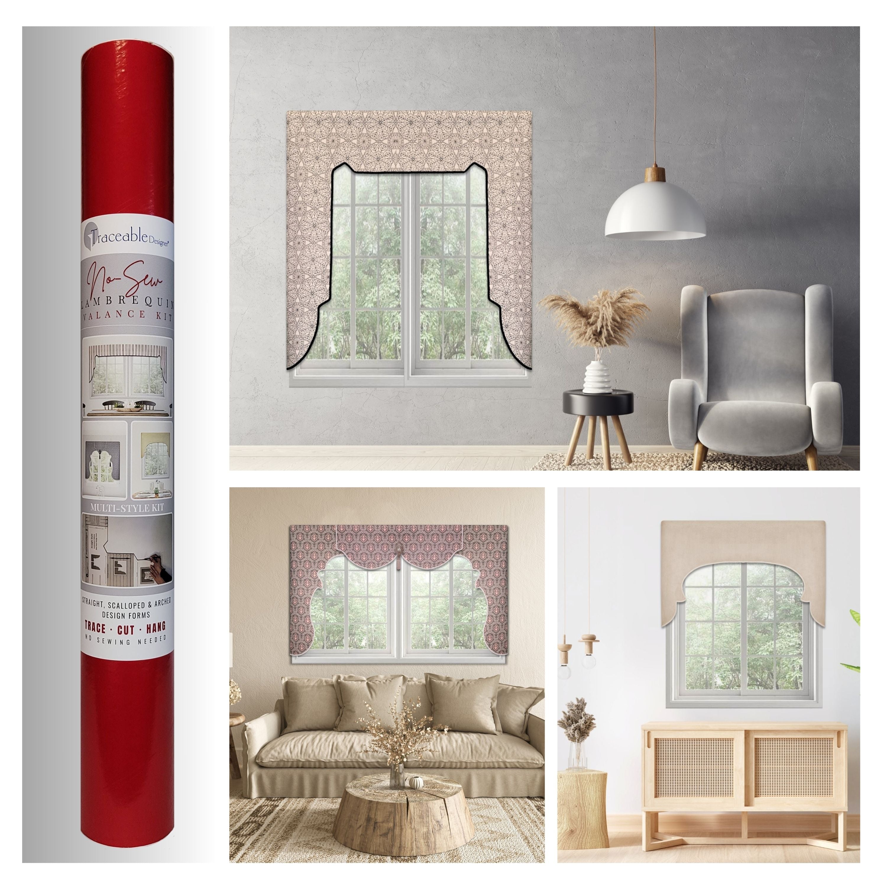 Traceable Designer multi-style lambrequin valance kit. Use patented traceable forms to make custom window treatments without sewing. Lined panels include a rod pocket for hanging on a curtain rod. No wood board or Styrofoam needed. Long room darkening sides. Precision shaping – no sewing needed.
