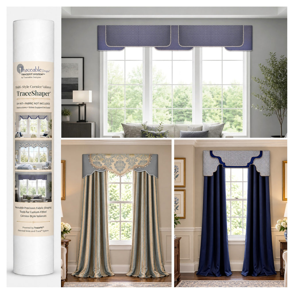 Traceable Designer® multi-style cornice valance kit showing scalloped, arched, and straight cornice valances made with the patented no-sew slide-and-trace and rod-pocket system.