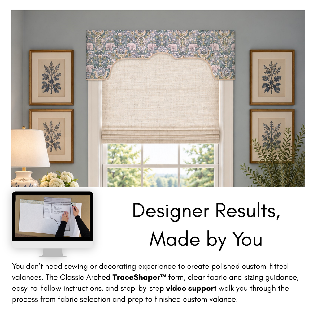 Classic Arched no-sew valance made with the reusable TraceShaper fabric-shaping form, shown over a Roman shade with step-by-step video support.