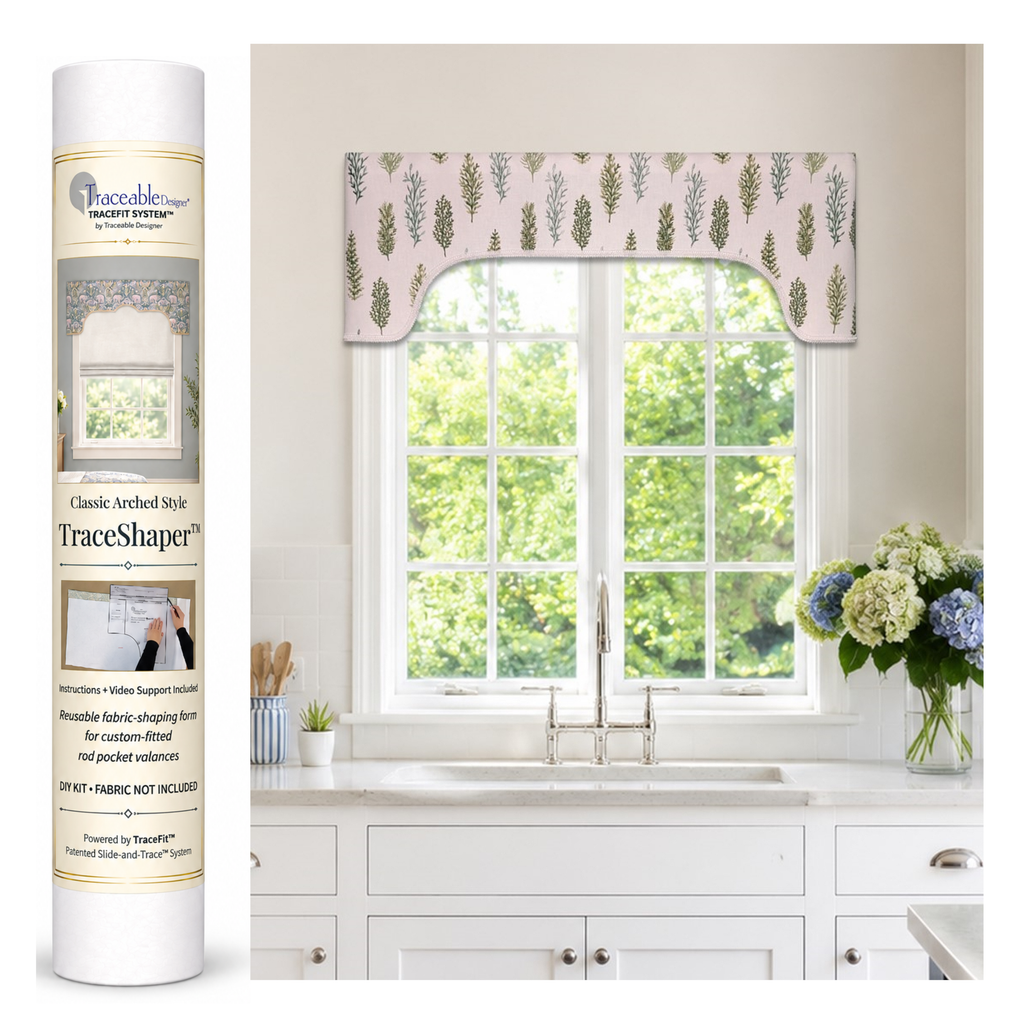 Traceable Designer Classic Arched Valance Kit with reusable TraceShaper fabric-shaping form for creating custom-fit no-sew rod-pocket valances.
