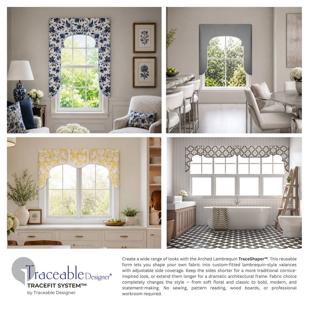 Arched Lambrequin TraceShaper style examples showing adjustable side lengths and different fabric looks, from traditional floral to modern lambrequin-style valances.