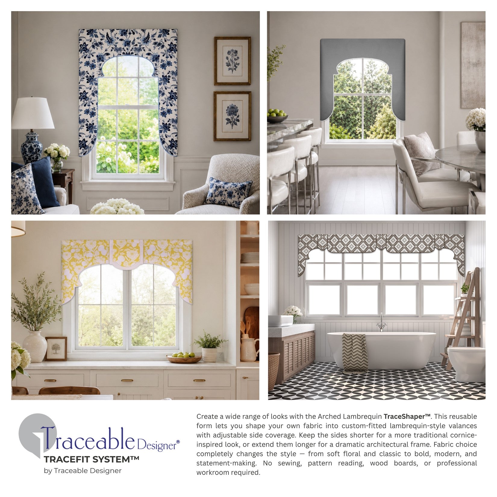 Arched Lambrequin TraceShaper style examples showing adjustable side lengths and different fabric looks, from traditional floral to modern lambrequin-style valances.