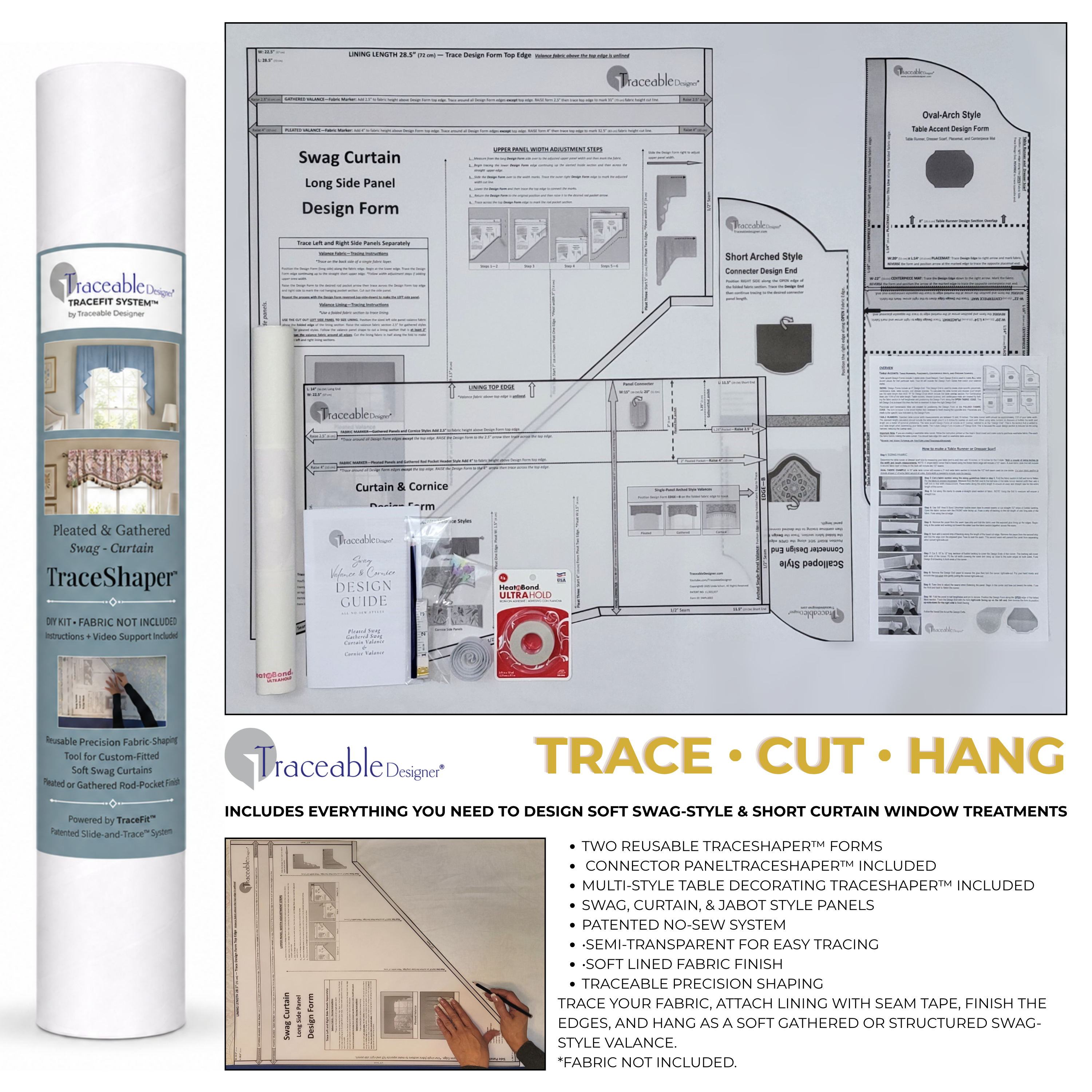Kit contents for the Pleated and Gathered Swag Curtain Valance Kit, including reusable TraceShaper™ form, lining materials, bonding tape, instructions, and video support.