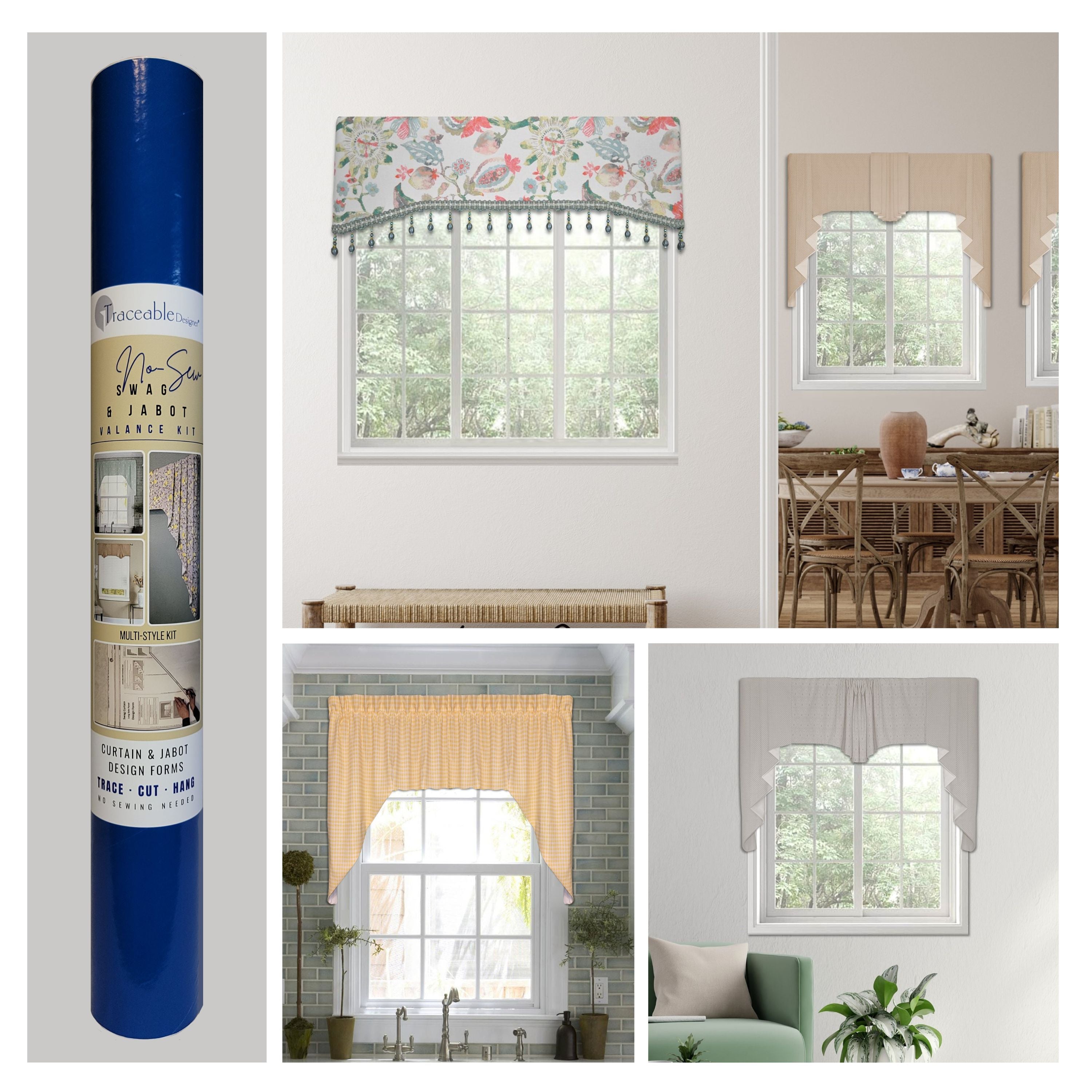 Traceable Designer no-sew pleated and gathered swag & jabot valance kit. Make custom long jabots styles, short curtains, and cornice valances without sewing. Lined panels include a rod pocket for hanging on a curtain rod. Fit all window sizes and styles. The ultimate sewing alternative. 