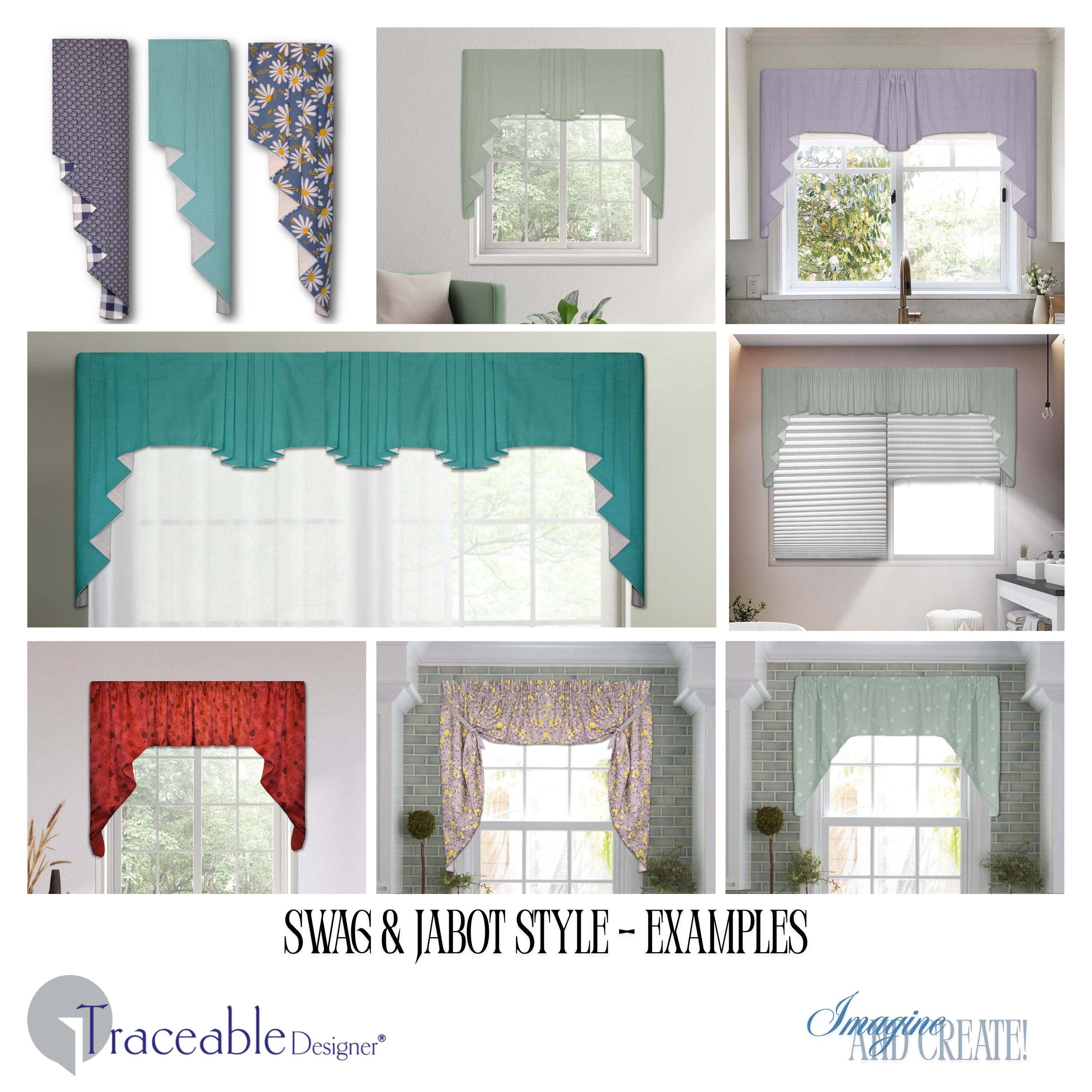 Traceable Designer no-sew pleated and gathered swag & jabot valance kit. Make custom long jabots styles, short curtains, and cornice valances without sewing. Lined panels include a rod pocket for hanging on a curtain rod. Fit all window sizes and styles. The ultimate sewing alternative. 