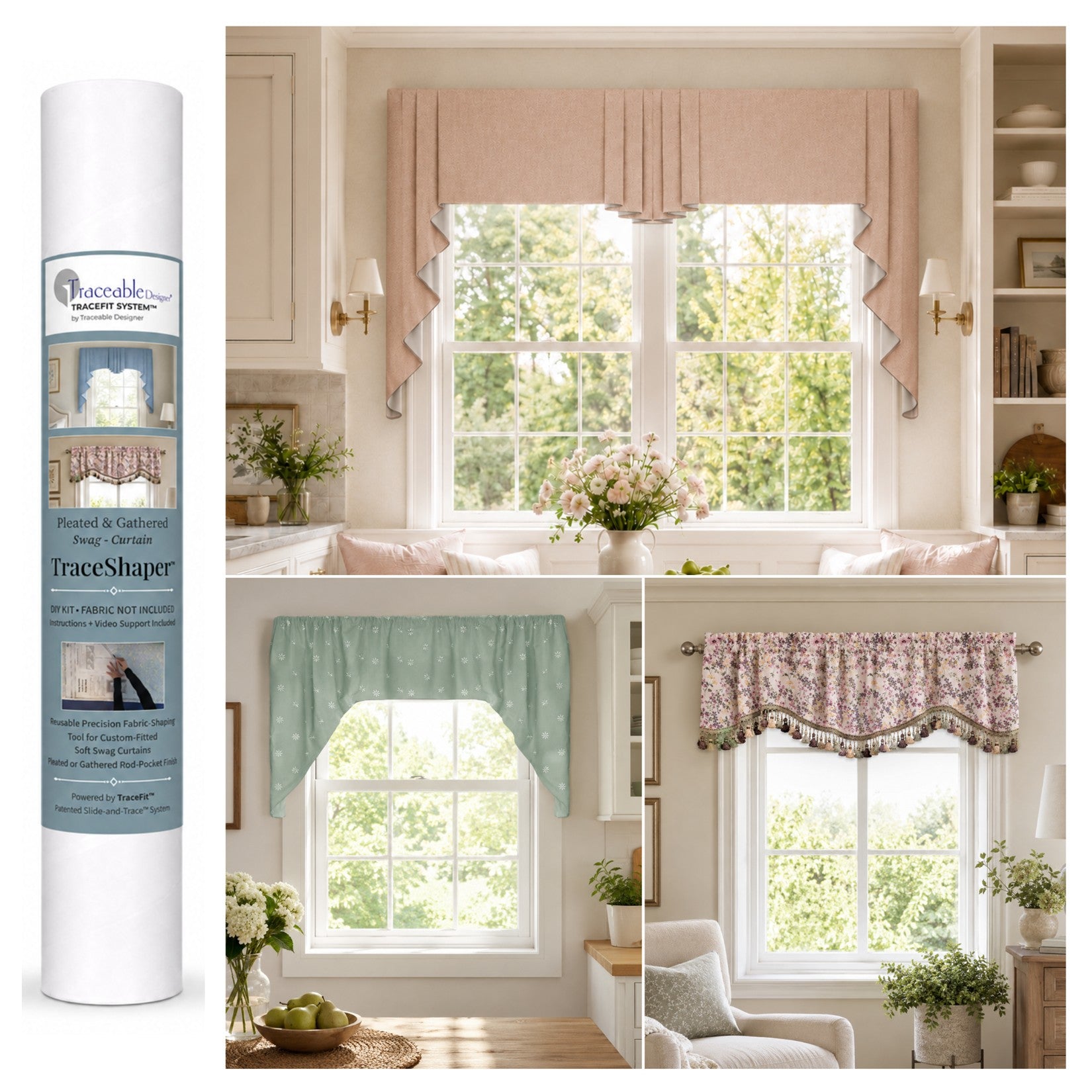 Pleated and Gathered Swag Curtain Valance Kit by Traceable Designer, showing soft rod-pocket swag and jabot curtain styles made with the reusable TraceShaper™ form.