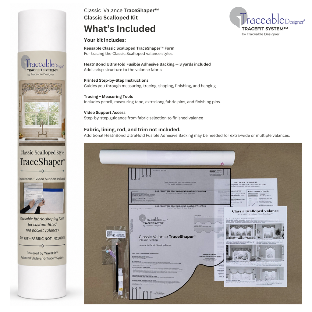 Traceable Designer Classic Scalloped no-sew valance making kit with reusable TraceShaper form and included project supplies