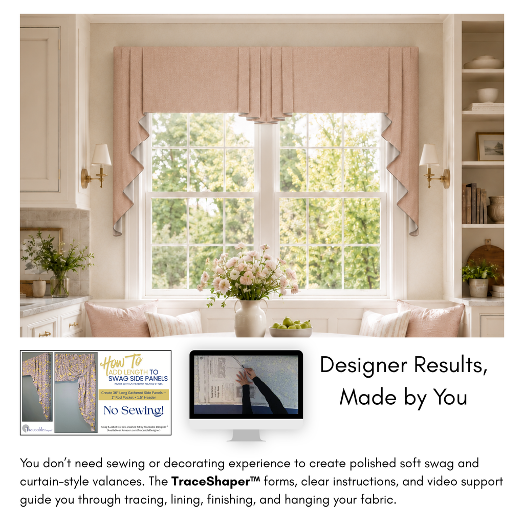 No experience needed support page for the Pleated and Gathered Swag Curtain Valance Kit, showing how the TraceShaper™ form, instructions, and video support guide beginners through the process.