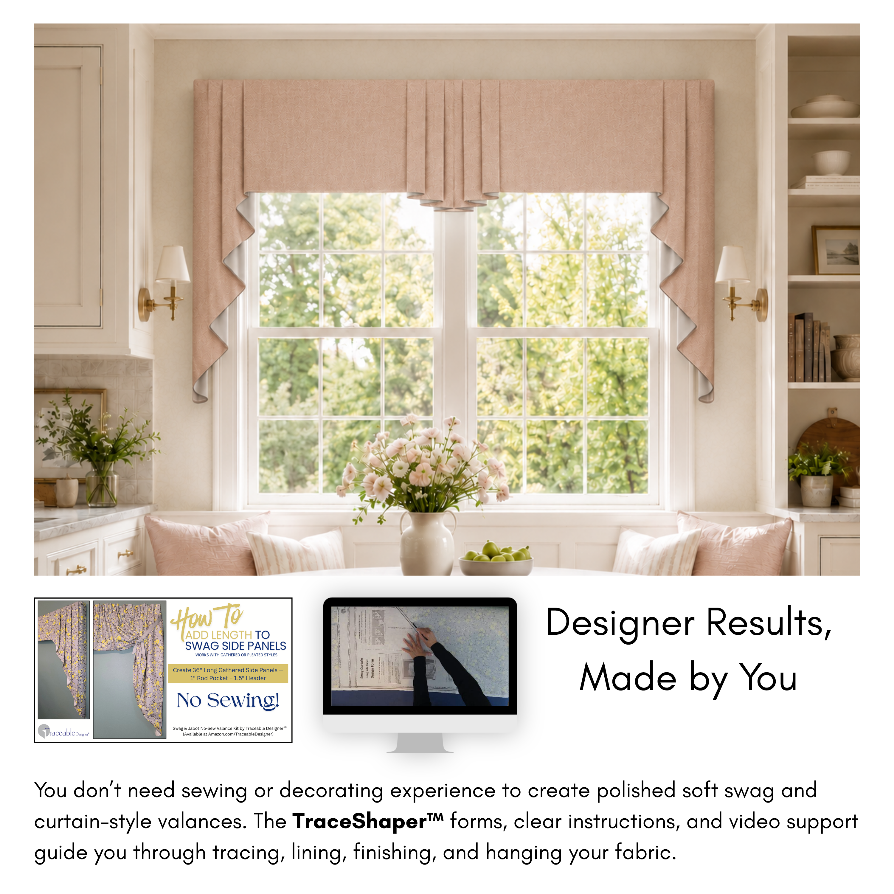 No experience needed support page for the Pleated and Gathered Swag Curtain Valance Kit, showing how the TraceShaper™ form, instructions, and video support guide beginners through the process.