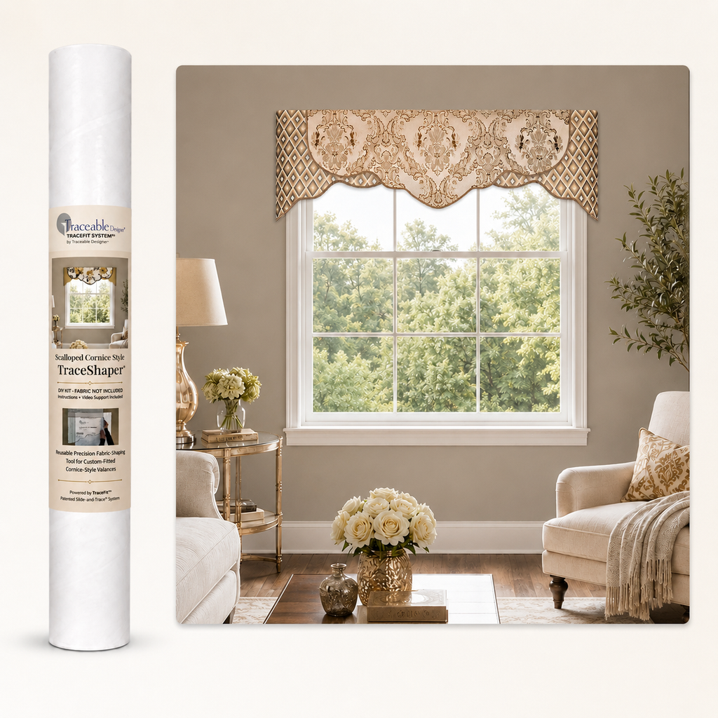 Arched Cornice Style TraceShaper™ kit shown with packaging tube and finished arched cornice-style valance displayed above a window. DIY no-sew cornice valance kit for creating a custom-fitted window treatment using your own fabric.