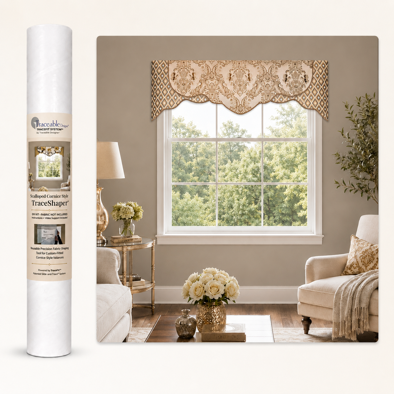 Arched Cornice Style TraceShaper™ kit shown with packaging tube and finished arched cornice-style valance displayed above a window. DIY no-sew cornice valance kit for creating a custom-fitted window treatment using your own fabric.