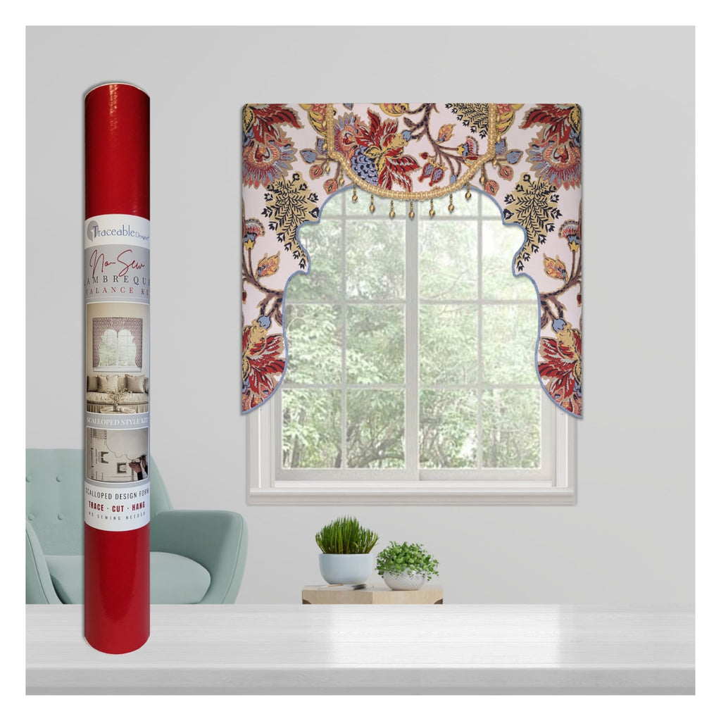 Traceable Designer no-sew scalloped lambrequin cornice valance kit. Make perfectly shaped custom valances without sewing. Lined panels include a patented no-sew rod pocket – hang on a standard curtain rod. Fit all window sizes and styles. Perfect for chic, elegant, & Mediterranean decor.