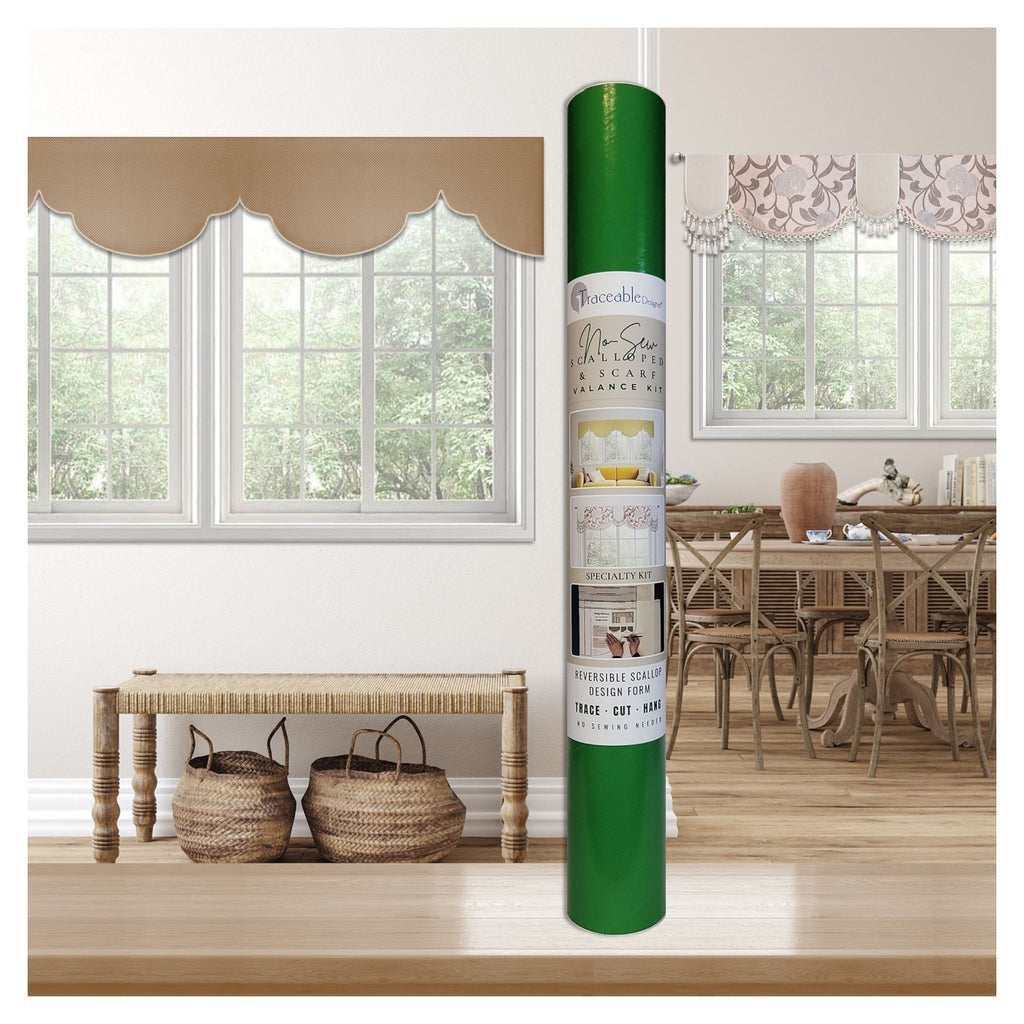 Traceable Designer no-sew scalloped & scarf valance kit for custom window decorating without sewing. Create trendy valances for large or small windows. Use a standard curtain rod. Get precision shaping without a sewing machine.