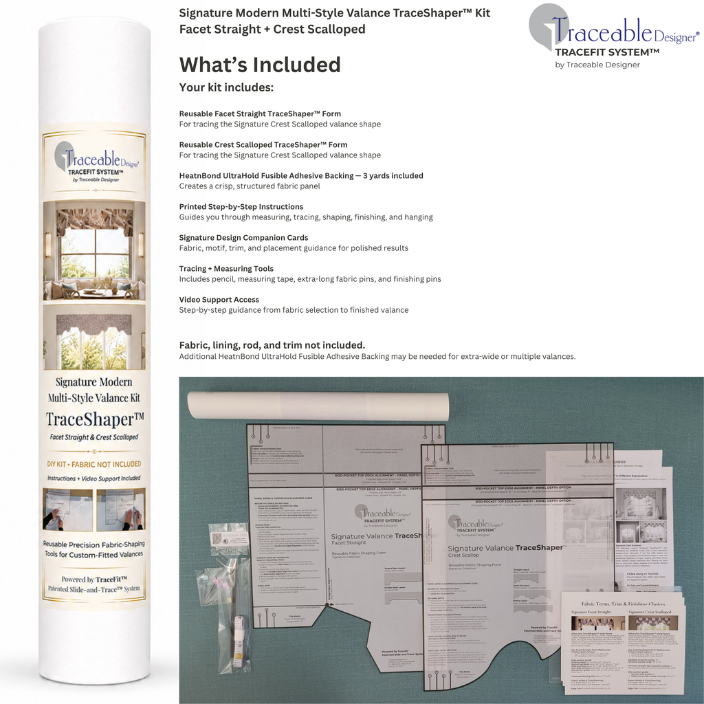 Package contents for the Signature Modern Crest and Facet no-sew valance kit, including reusable TraceShaper™ forms, lining, bonding materials, instructions, and video support.
