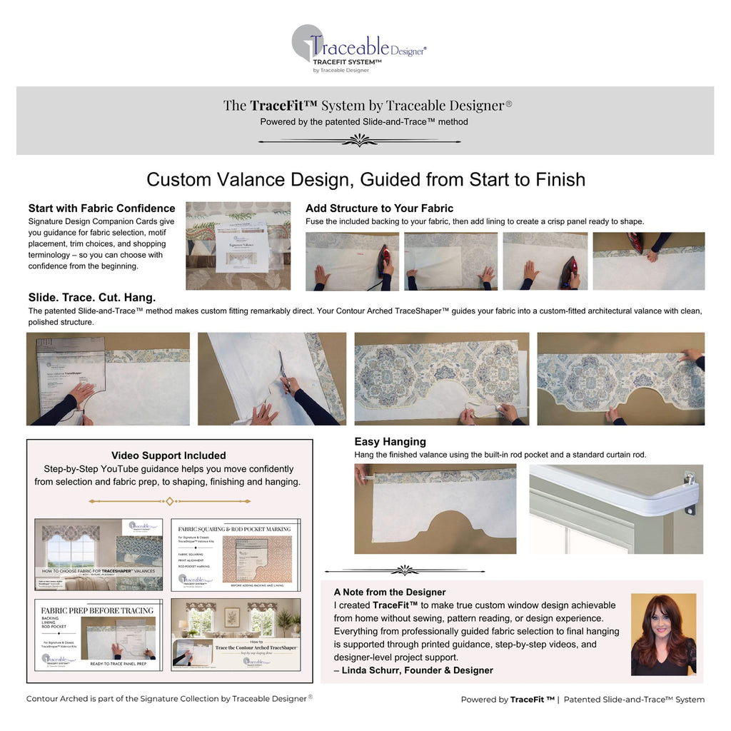 Step-by-step instructions for creating a custom-fitted no-sew window valance with the Signature Elegant TraceShaper™ kit using the patented Slide-and-Trace™ method.