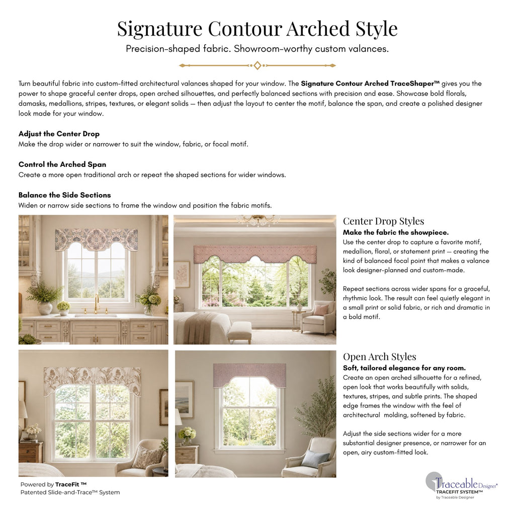 Signature Contour Arch style guide showing arched valance design options and finished room examples created with the TraceShaper™ form and patented Slide-and-Trace™ method.
