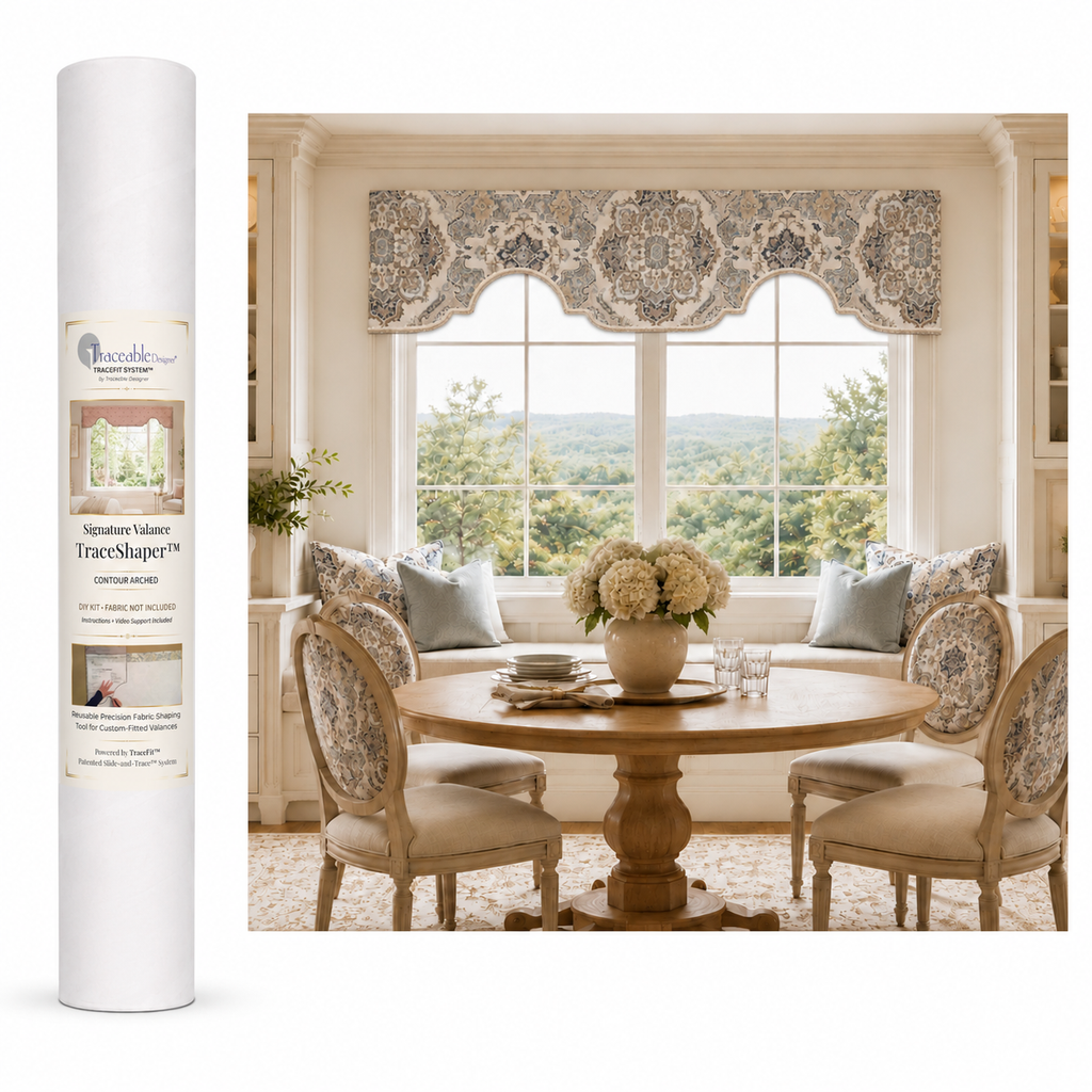 Signature Contour Arch TraceShaper™ Valance Kit shown with a custom-fitted arched window valance, packaging tube, and lifestyle room setting. DIY kit for creating a no-sew arched valance using your own fabric.
