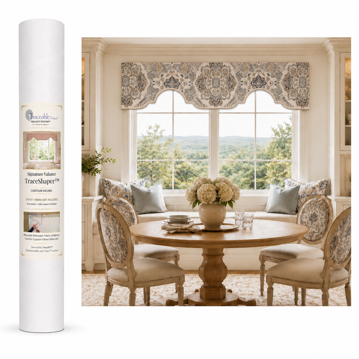 Signature Contour Arch TraceShaper™ Valance Kit shown with a custom-fitted arched window valance, packaging tube, and lifestyle room setting. DIY kit for creating a no-sew arched valance using your own fabric.