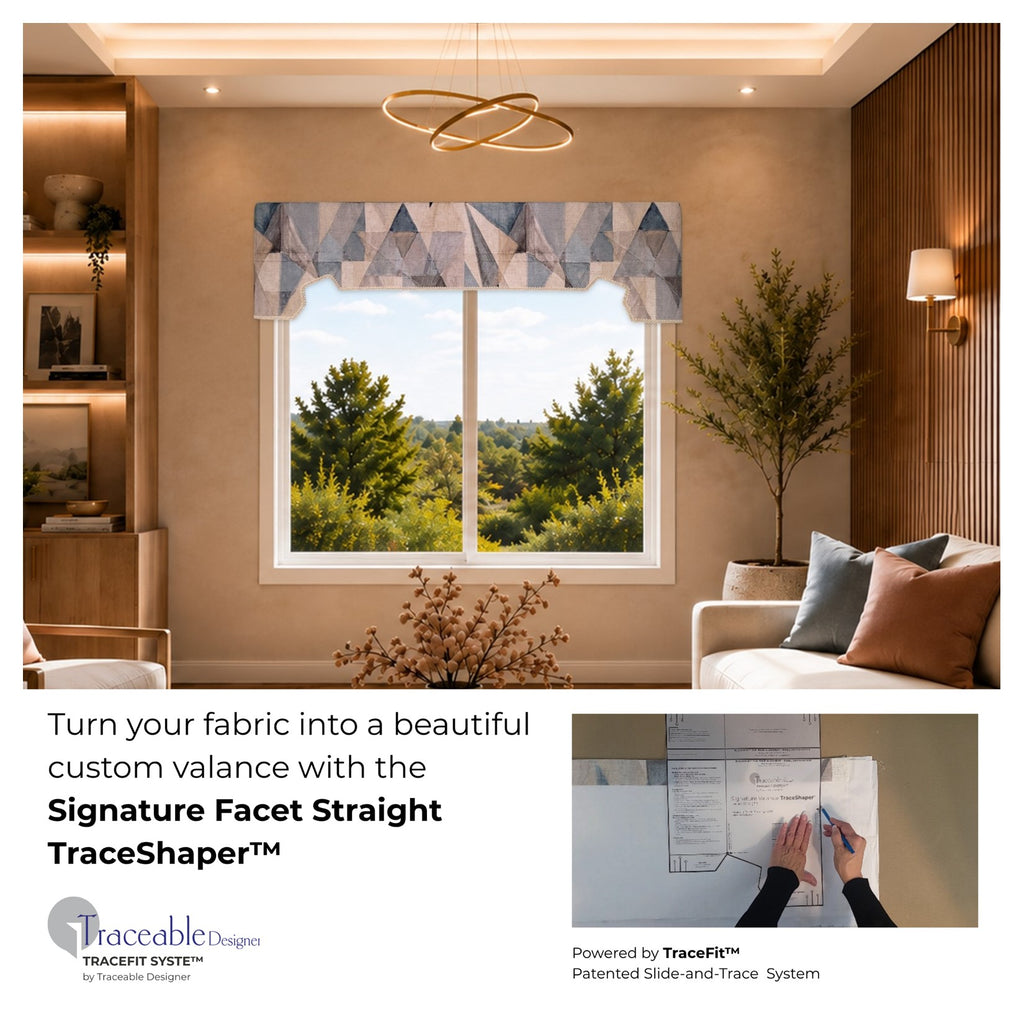 Signature Facet Straight TraceShaper™ finished valance shown in a designer room setting with text describing how to turn your own fabric into a beautiful custom-fitted valance.