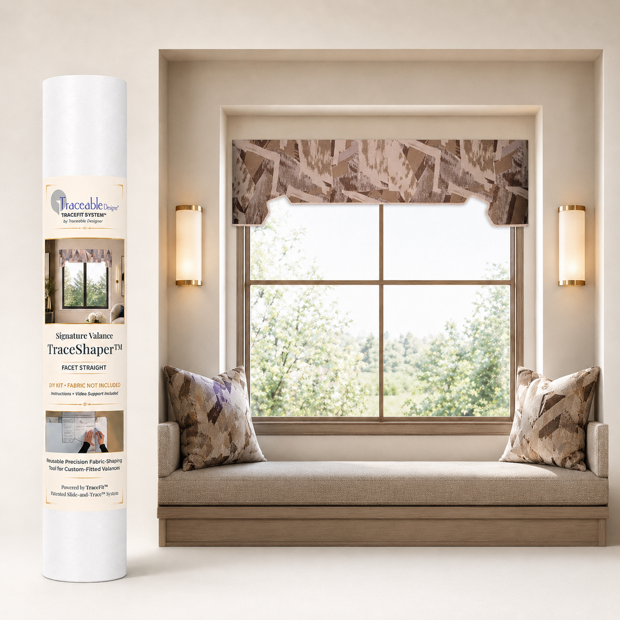 Signature Facet Straight TraceShaper™ Valance Kit shown with packaging tube and finished straight valance displayed in a designer room setting. DIY no-sew valance kit for creating a custom-fitted window treatment using your own fabric.