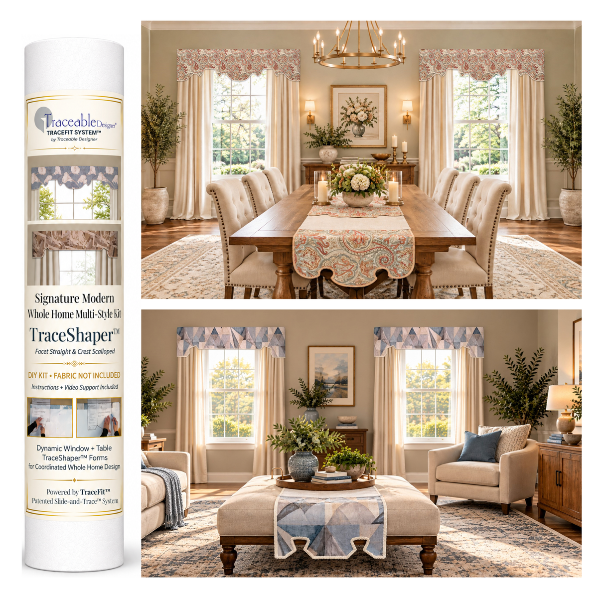 Signature Modern Crest and Facet no-sew window valance kit by Traceable Designer, showing reusable TraceShaper™ forms with modern cornice-inspired valance styles in room scenes.