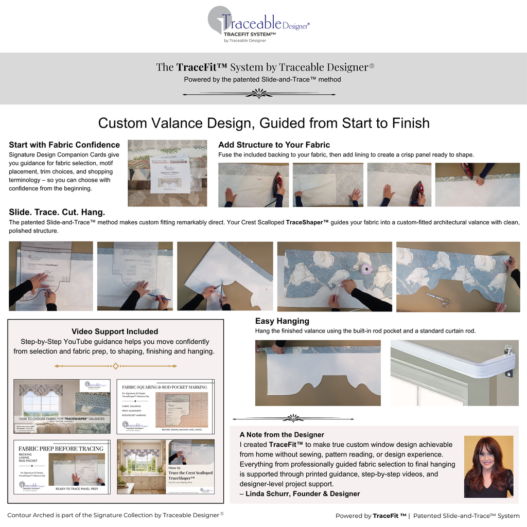 Step-by-step instructions for creating a custom-fitted no-sew window valance with the Signature Modern TraceShaper™ kit using the patented Slide-and-Trace™ method.