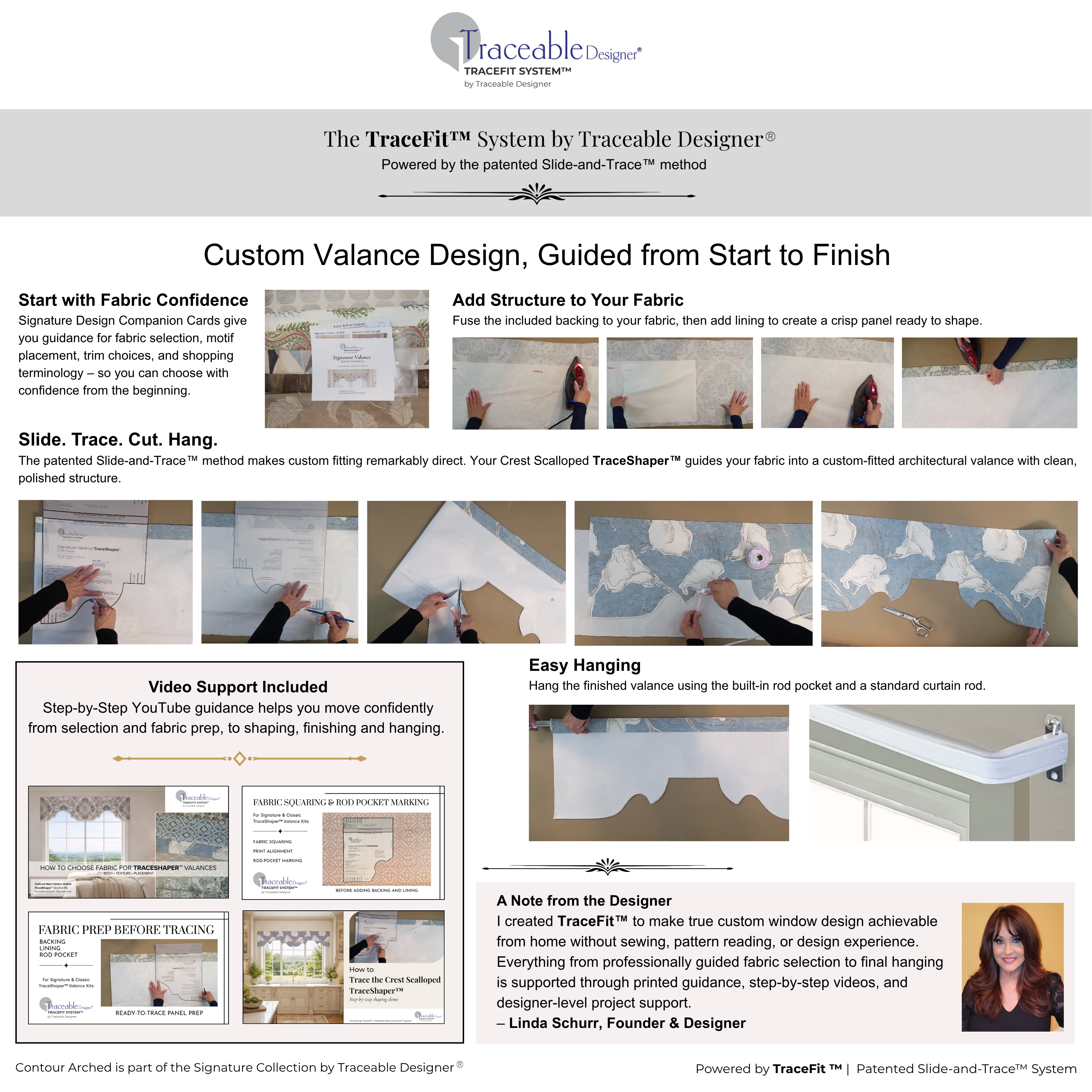 Step-by-step instructions for creating a custom-fitted no-sew window valance with the Signature Modern TraceShaper™ kit using the patented Slide-and-Trace™ method.