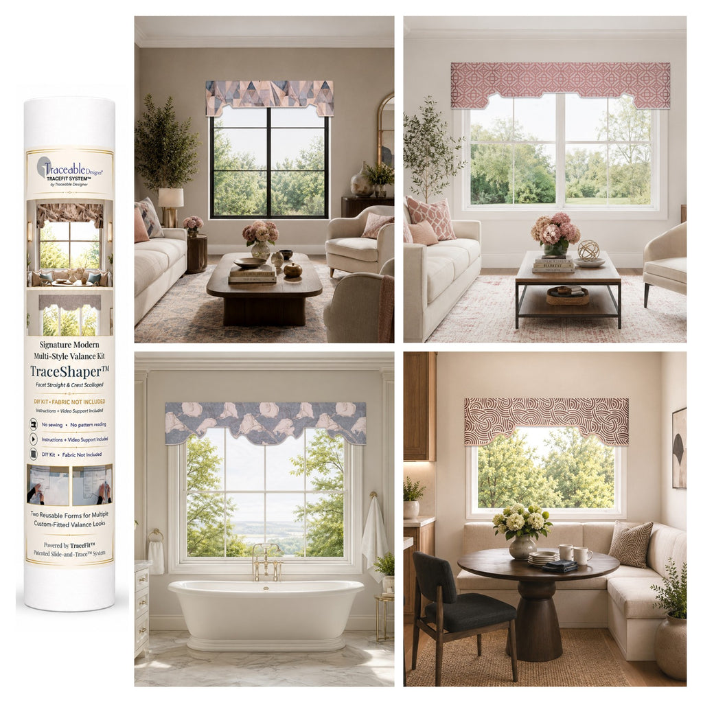 Signature Modern Crest and Facet no-sew window valance kit by Traceable Designer, showing reusable TraceShaper™ forms with modern cornice-inspired valance styles in room scenes.
