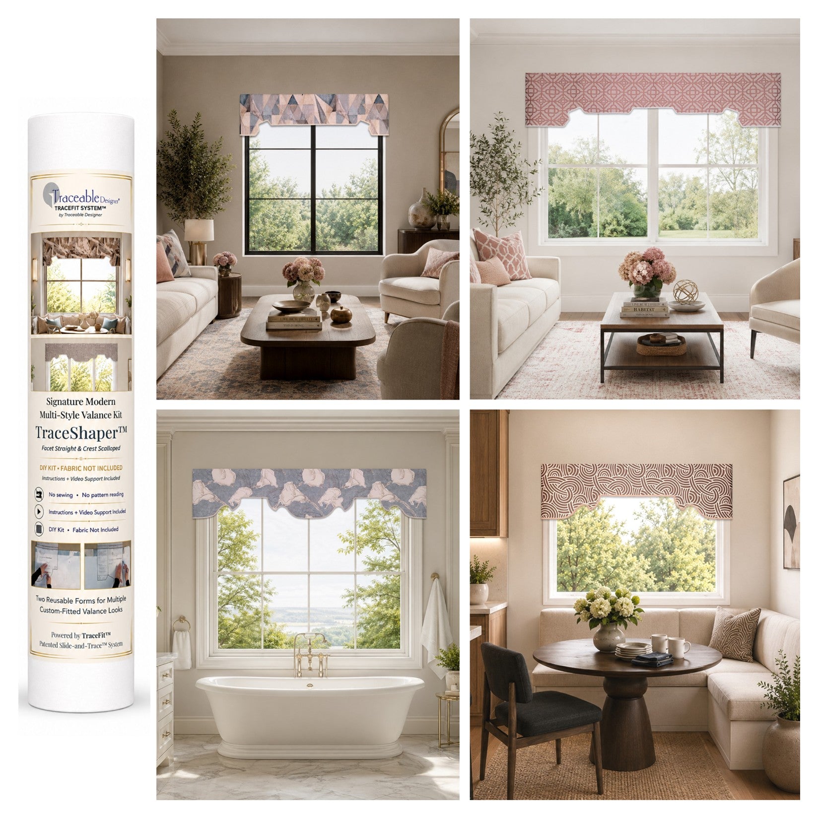 Signature Modern Crest and Facet no-sew window valance kit by Traceable Designer, showing reusable TraceShaper™ forms with modern cornice-inspired valance styles in room scenes.