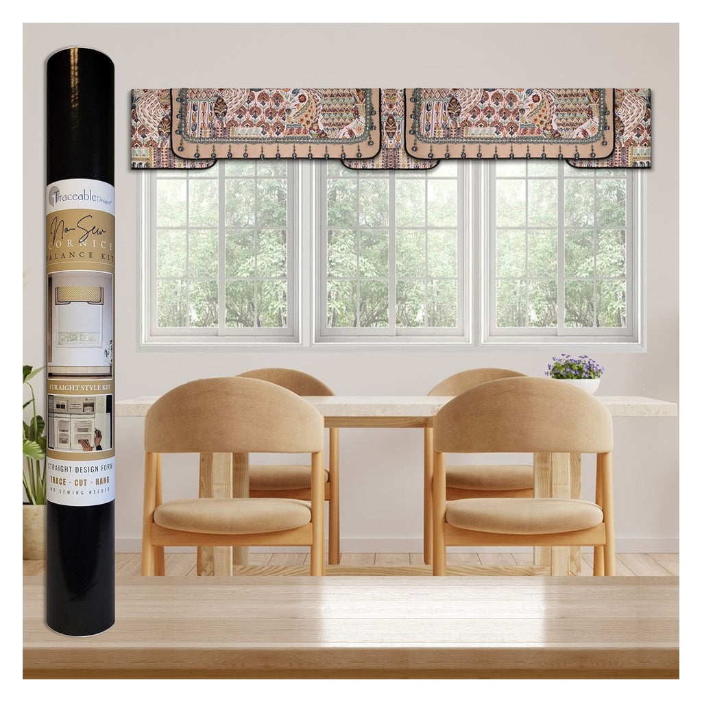 Traceable Designer straight no-sew rod pocket valance kit. Lined cornice styles are great for over shades and curtains. Traceable design forms are the perfect sewing alternative for DIY projects. Use a standard curtain rod. Fit all window sizes.