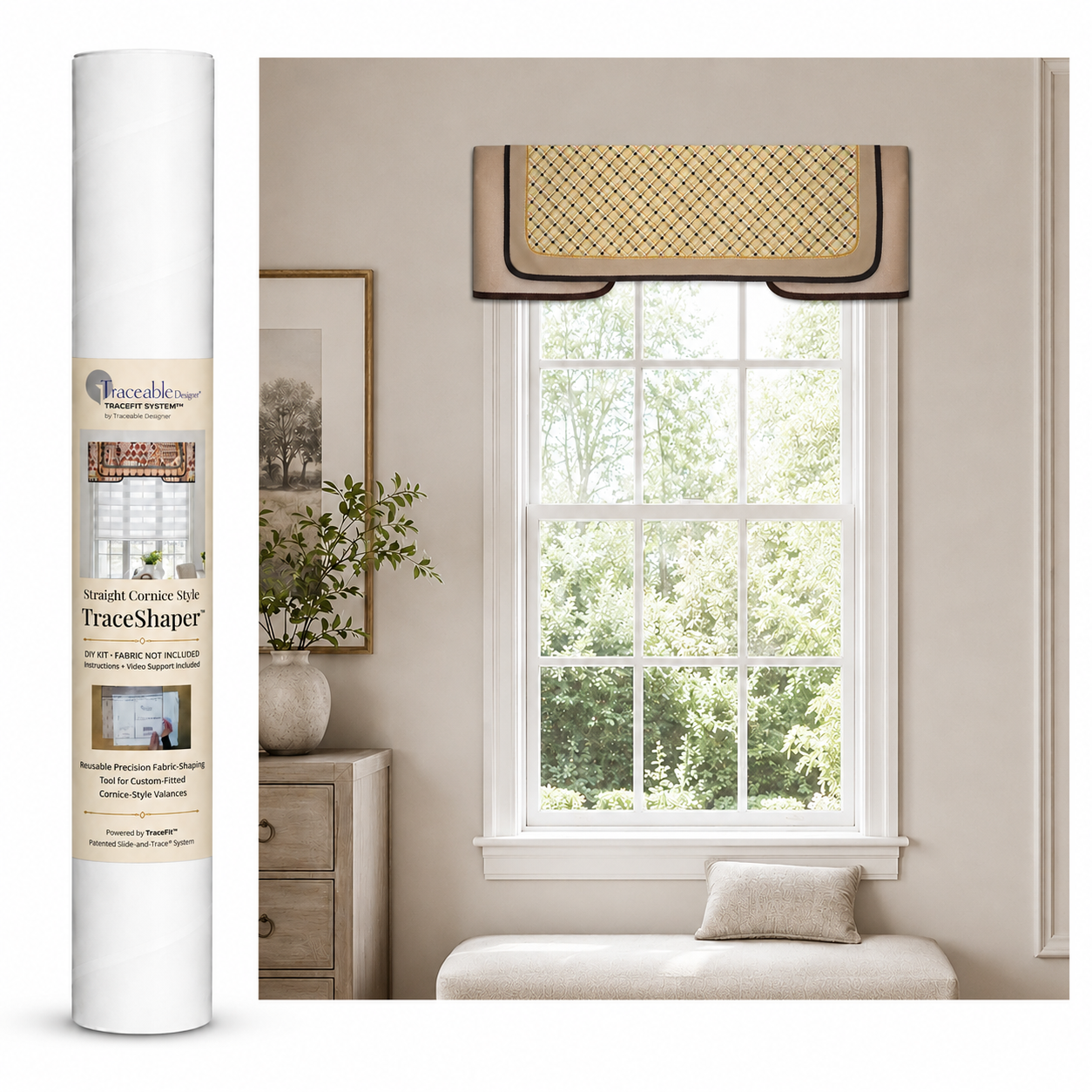 Straight Cornice Style TraceShaper™ kit shown with packaging tube and finished straight cornice-style valance displayed above a window. DIY no-sew cornice valance kit for creating a custom-fitted window treatment using your own fabric.