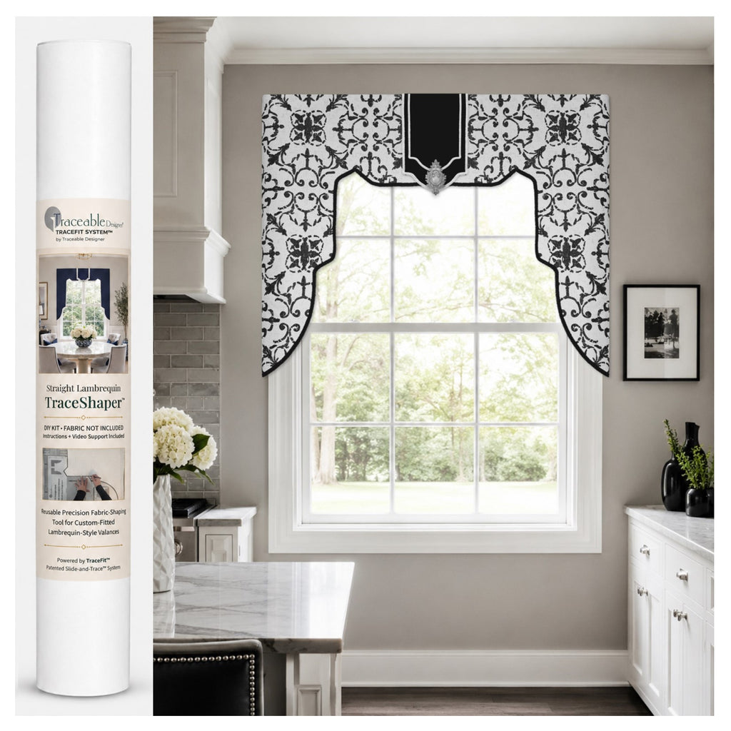 Straight Lambrequin TraceShaper kit shown with a dramatic long-side lambrequin-style window treatment and product tube packaging for custom-fitted no-sew fabric valances.
