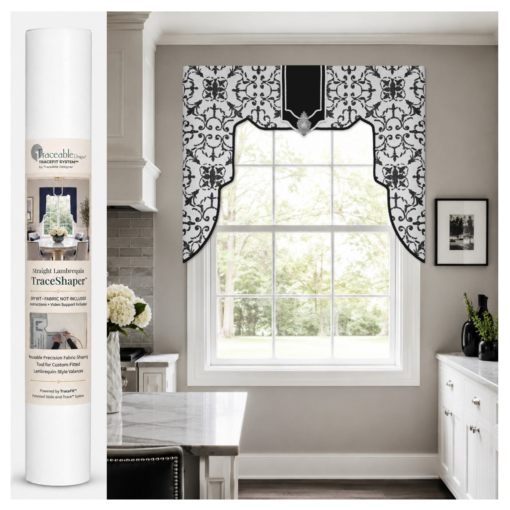Straight Lambrequin TraceShaper kit shown with a dramatic long-side lambrequin-style window treatment and product tube packaging for custom-fitted no-sew fabric valances.
