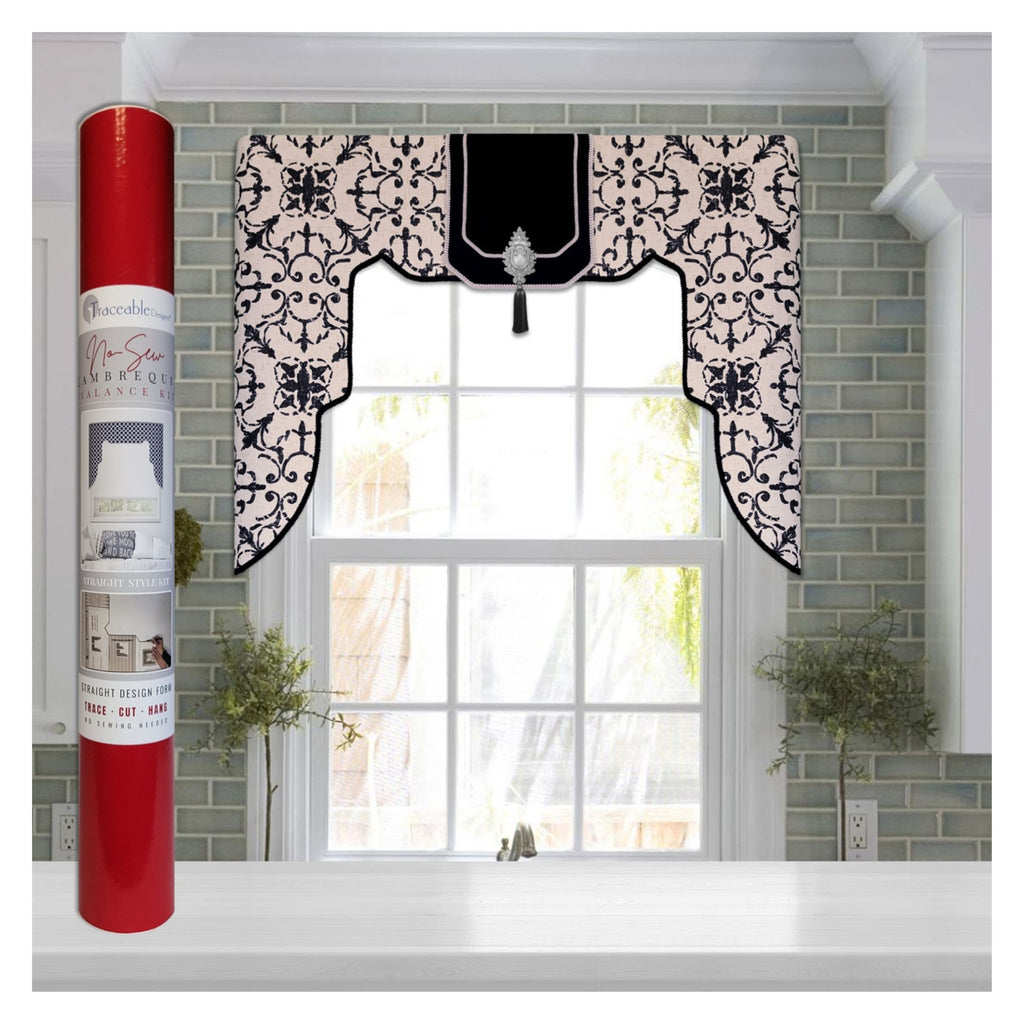 Traceable Designer straight no-sew rod pocket lambrequin valance kit. Lined Lambrequin cornice styles are great for room darkening. Traceable design forms are the perfect sewing alternative for DIY custom window treatments. Use a standard curtain rod. Fit all window sizes.
