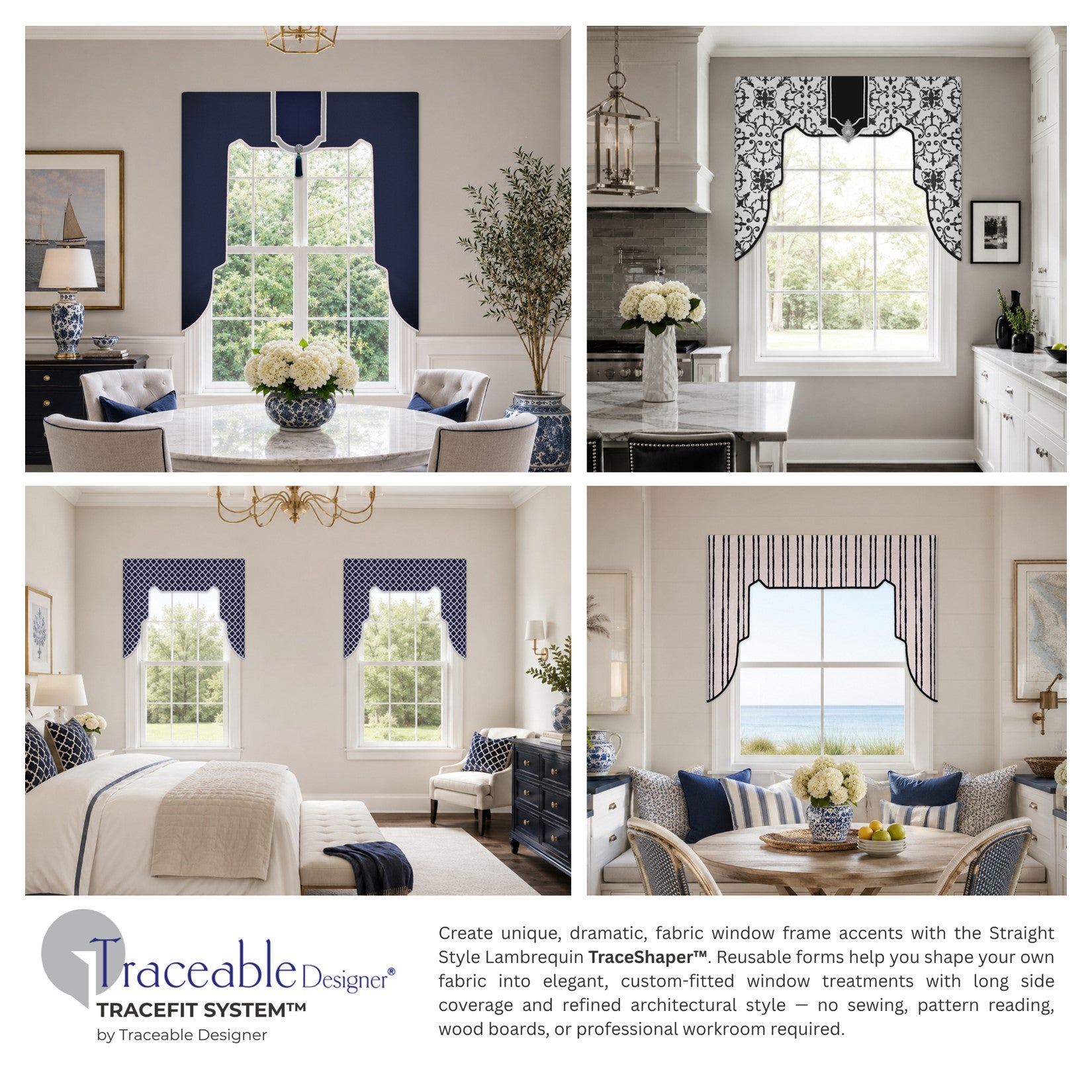 Straight Lambrequin TraceShaper style examples showing different fabric looks for custom-fitted long-side lambrequin-style valances, from classic navy to modern black-and-white, coastal stripe, and elegant bedroom styles.
