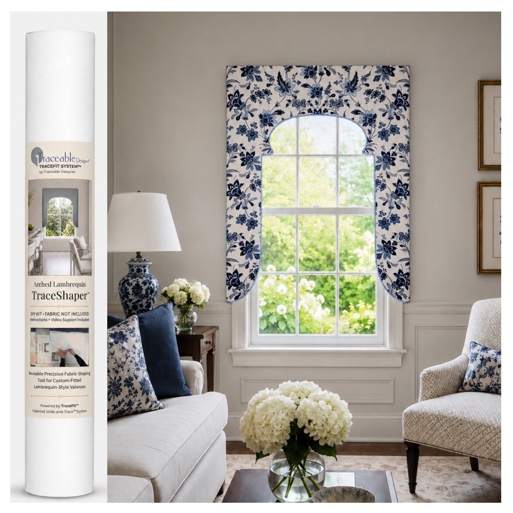 Arched Lambrequin TraceShaper kit shown with a custom-fitted floral lambrequin-style valance in an elegant room, with product tube packaging for a reusable no-sew fabric-shaping kit.