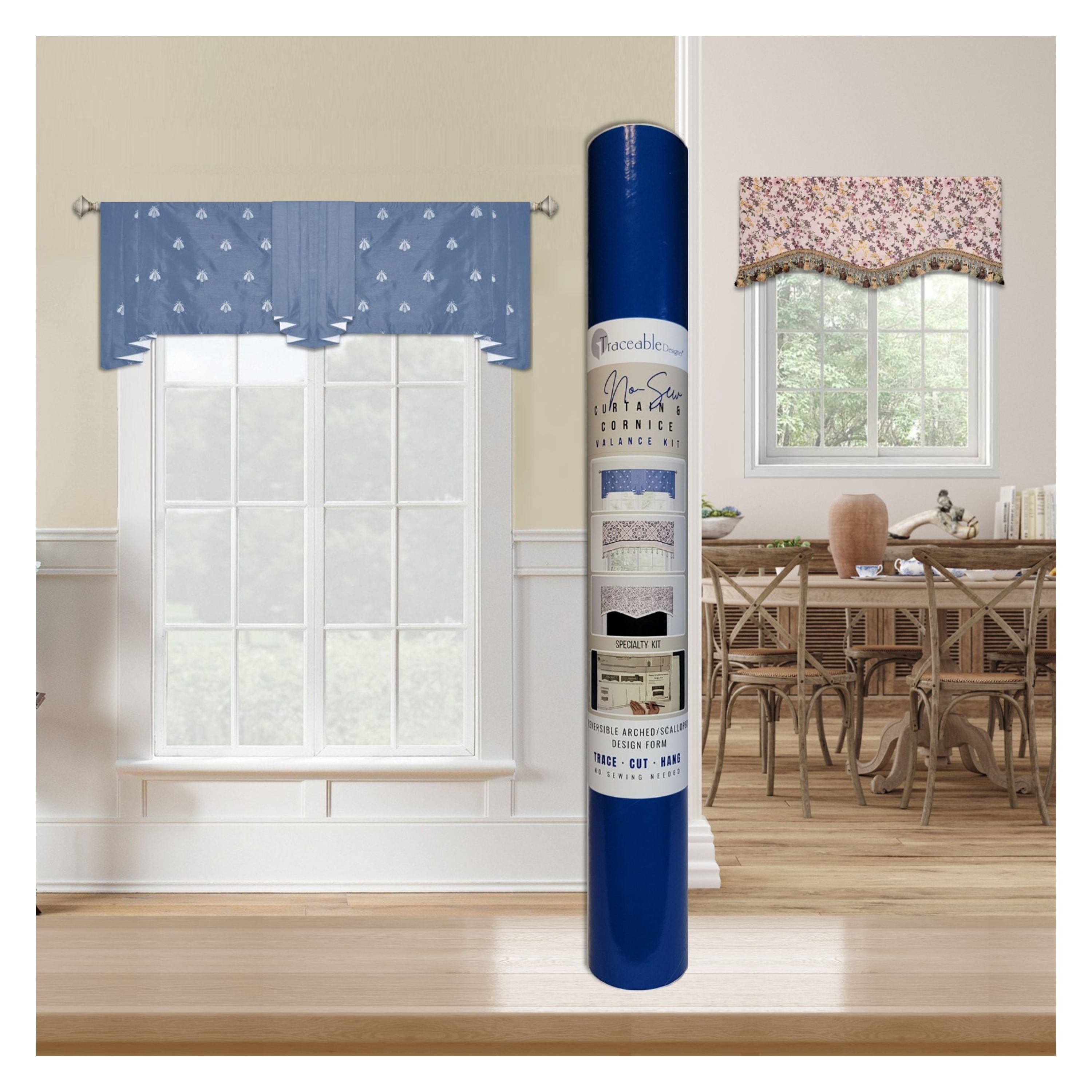 Traceable Designer no-sew curtain and cornice valance kit for custom window decorating without sewing. Create trendy valances for large or small windows. Use a standard curtain rod. 