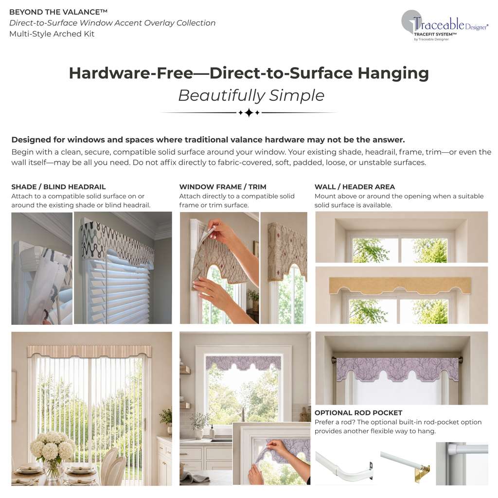 Traceable Designer Beyond the Valance Window Accent Overlay hanging options for direct-to-surface installation on shade headrails, window frames and walls, with optional rod mounting.