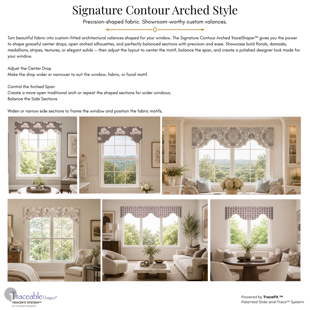 Signature Elegant TraceShaper™ no-sew valance support page showing finished arched valance room examples, kit materials, video guidance, and the message “Designer Results, Made by You.”