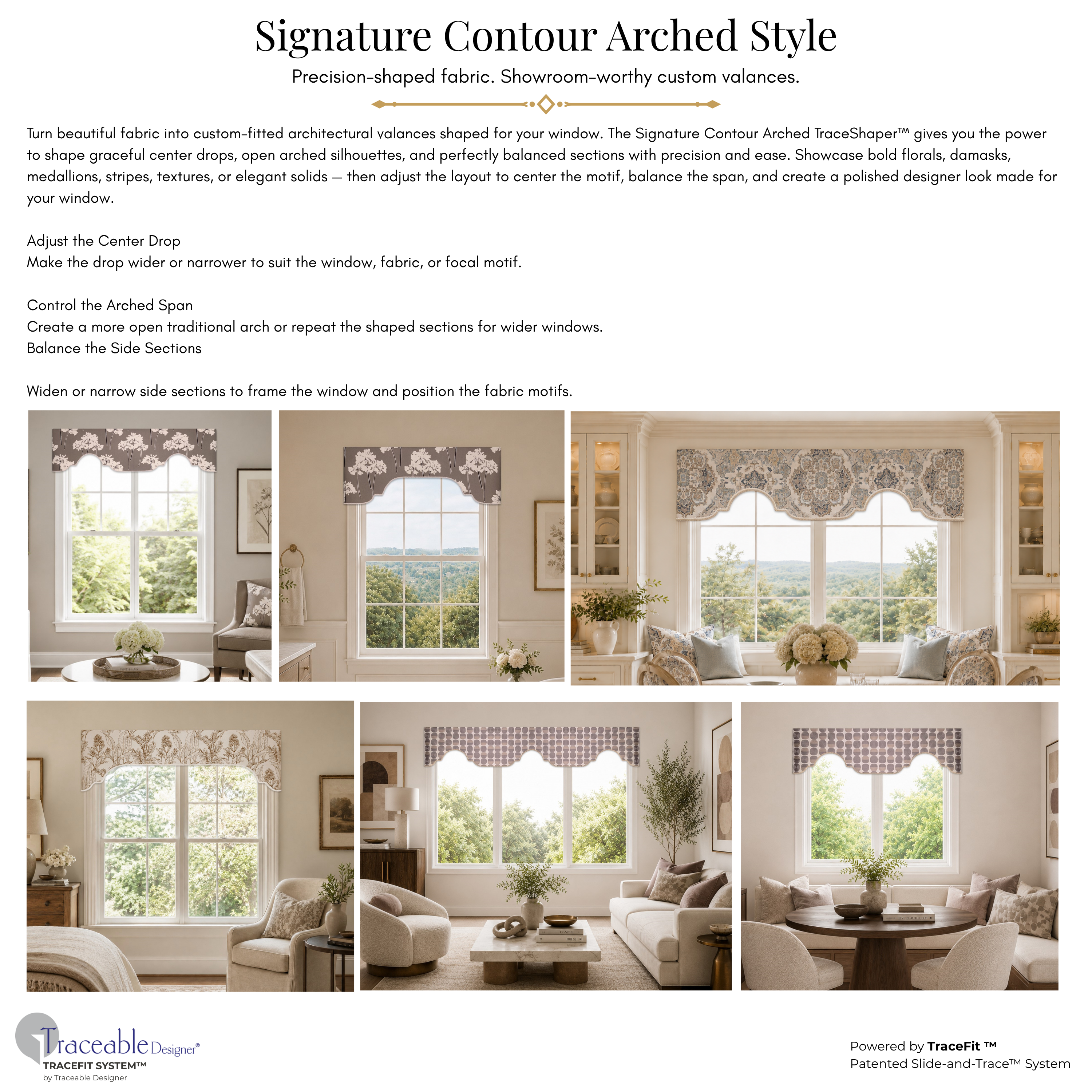 Signature Elegant TraceShaper™ no-sew valance support page showing finished arched valance room examples, kit materials, video guidance, and the message “Designer Results, Made by You.”